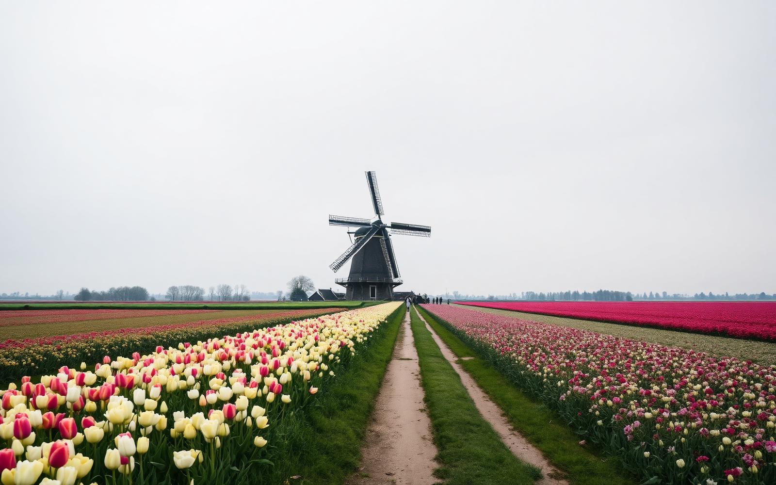 Fietspad langs bloeiende bollenvelden met molen in de Bollenstreek