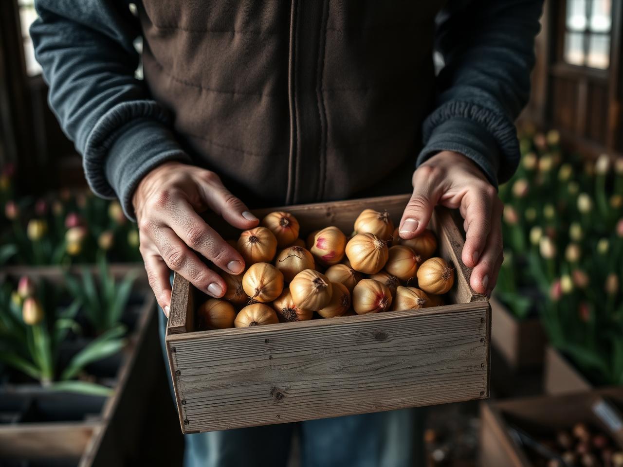 Kweker met een houten kist vol tulpenbollen in de bollenschuur