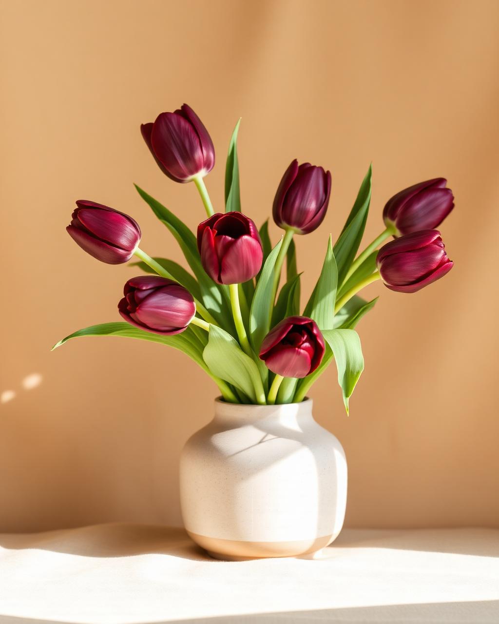 Donkerrode tulpen in een crèmekleurige stenen vaas