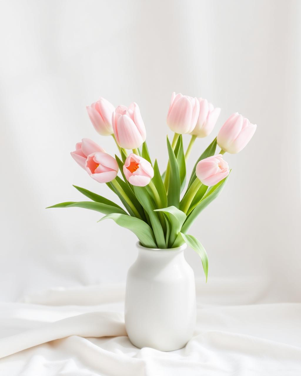 Zachtroze tulpen in een witte keramische vaas